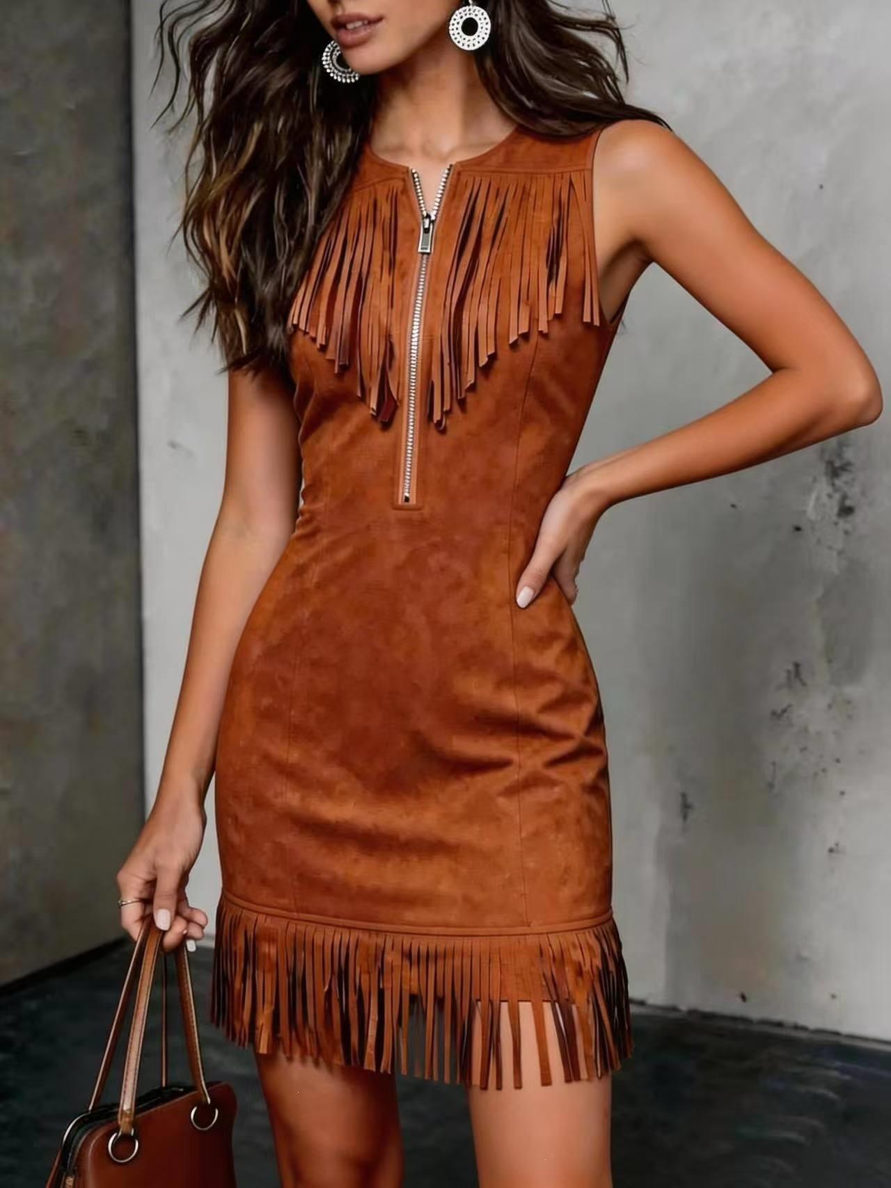 New denim long dress women s retro western style suede fringed design slim sexy dress S янтарь