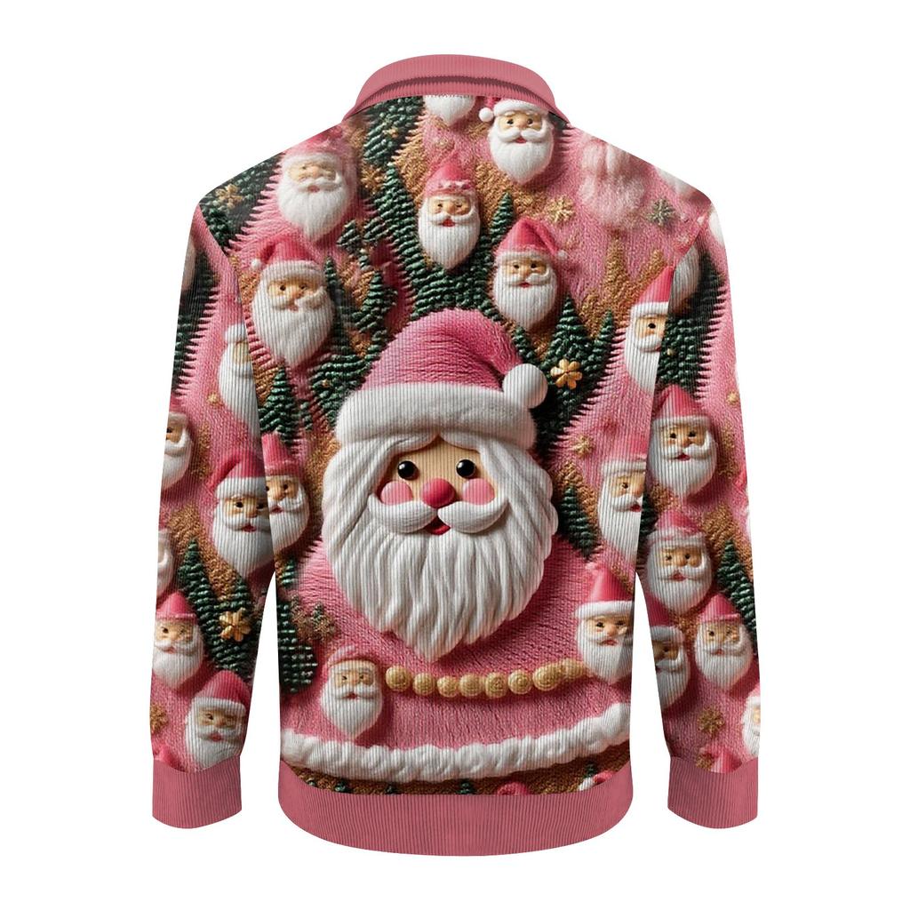 Men's Christmas Cotton Pullover Long Sleeve Outdoor Shirt Vintage Corduroy Button Stand Collar Shirt Casual Sweatshirt Christmas Print Top