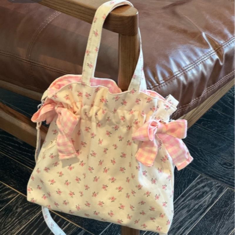Summer Floral Handbag Cute Bow Decoration Women's Pink Crossbody Bag Lightweight Mobile Phone Coin Purse Commuter Storage Bag
