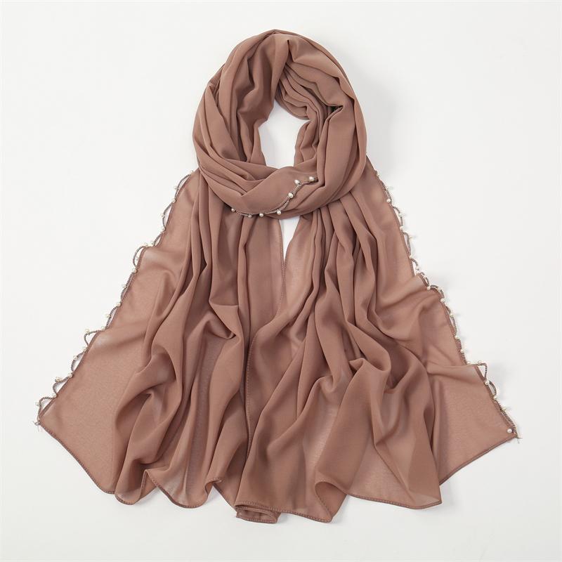 Muslim Chiffon Hijab Scarf Pearl Edge Solid Color Squane Head Wrap For Women Hijabs Scarves Jersey Hijabs Islamic Turban Headban