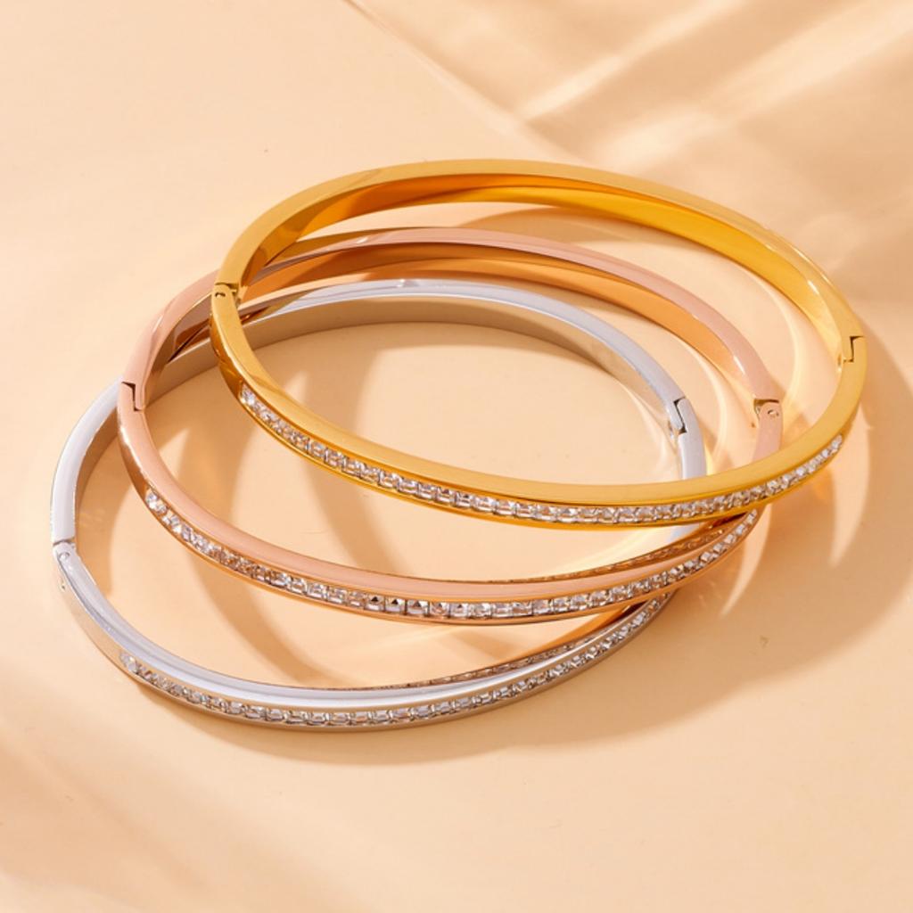 Htpwe Stainless Steel Inlaid Square Zirconium Bracelet Women 18k Gold Plated Couple Holiday Gift Bracelet Party Daily Zircon