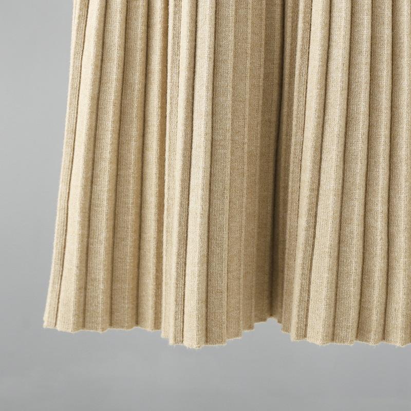 Women Autumn Winter High Neck Solid Color Long Sleeve High Waist Thicken Pleated Knitted Sweater Dress