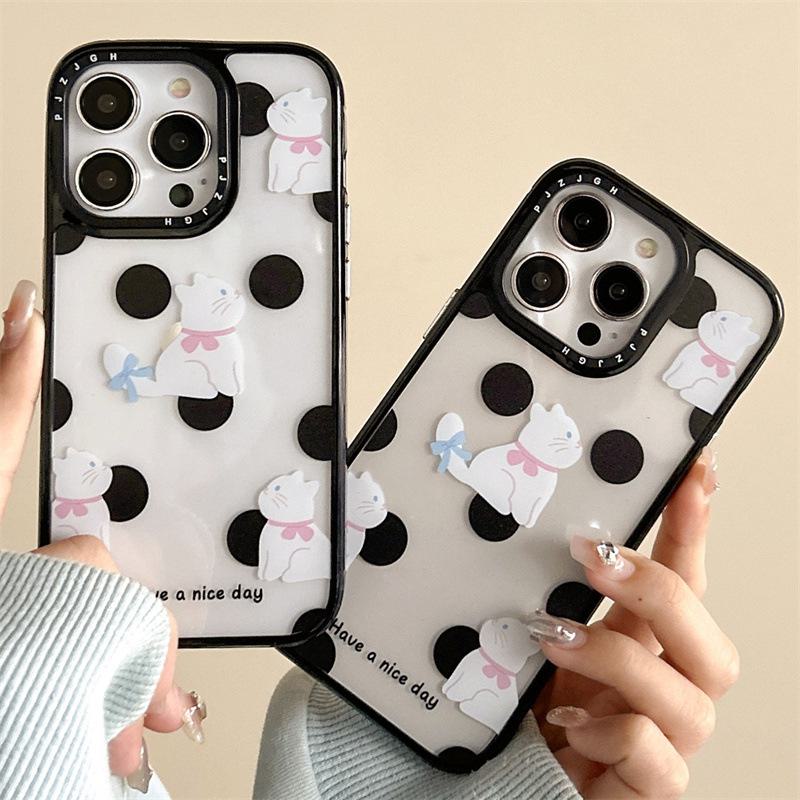 

Polka Dot Cat iPhone 14 Case: Black Border, Transparent 13ProMax Cover for Women.