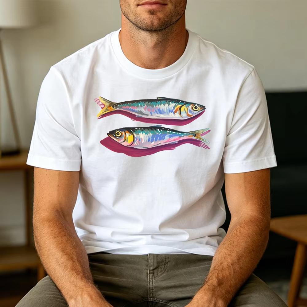Colorful Sardine Fish Art Unisex T Shirt Summer Watercolor Seafood Cooking Tee Fresh Catch Marine Pattern Streetwear Clothing