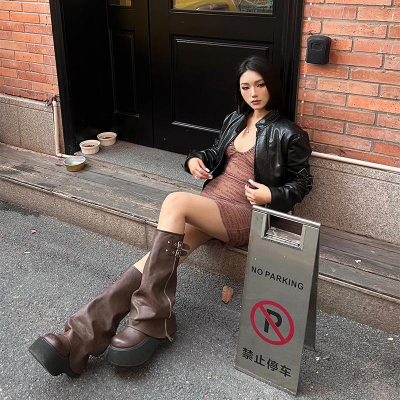 

Thick-soled Women s High-top Knight Boots Fashionable Flat-soled Soft-soled Boots Autumn Winter Ladies Western Cowboy Shoes 39 коричневый