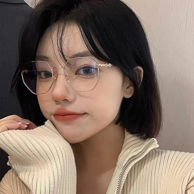 No Makeup, High-End Polygonal Metal Frame Glasses, Anti-Blue Light, Light-Sensitive Discoloration, Can Be Equipped With Myopia Flat Glasses