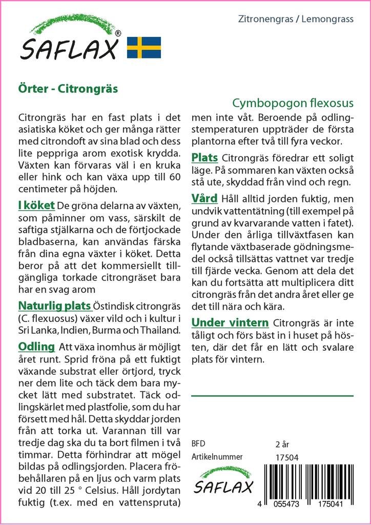 SAFLAX Zitronengras - 50 Samen - Cymbopogon flexosus