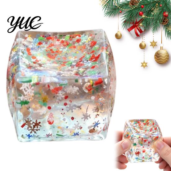 Reusable Stress Relief Hand Toys Christmas Ice Cube Squishy Fidget Toy, Slow Rising Toy Sensory for with Snowflake Glitter, Festive Squeeze