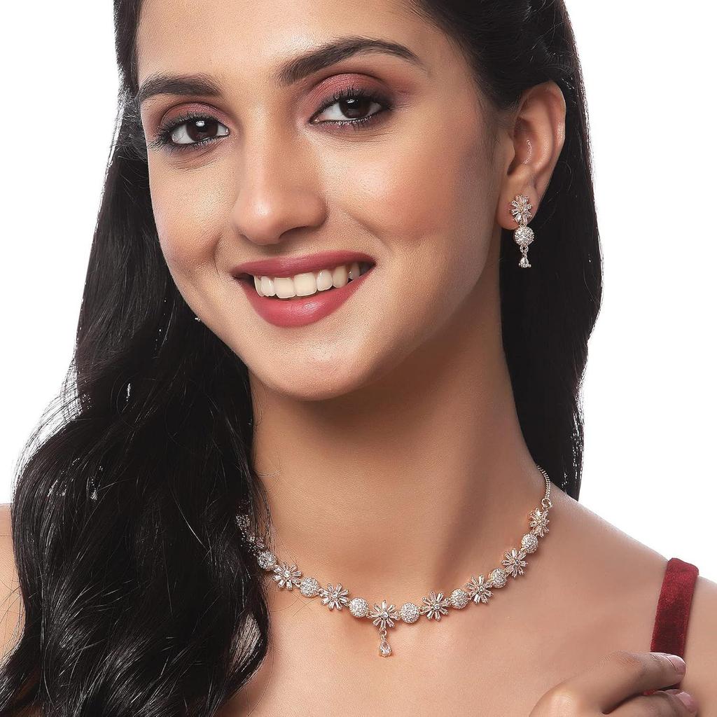 Rhodium Plated Silver Toned White American Diamond Studded Necklace With Earring Jewellery Set For Woment and Girl