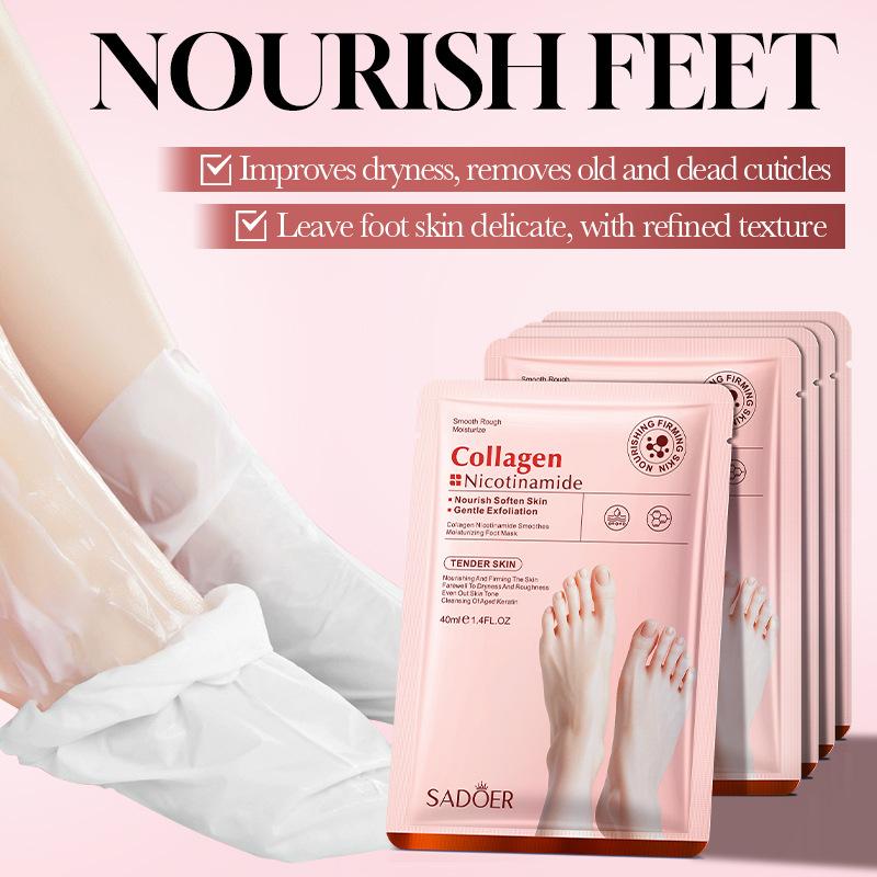 

5 Pairs Sadoer Collagen Nicotinamide Foot Mask Nourishing Soften Skin Remove Dead Keratin Whitening Tender Feet Care Mask ONESIZE