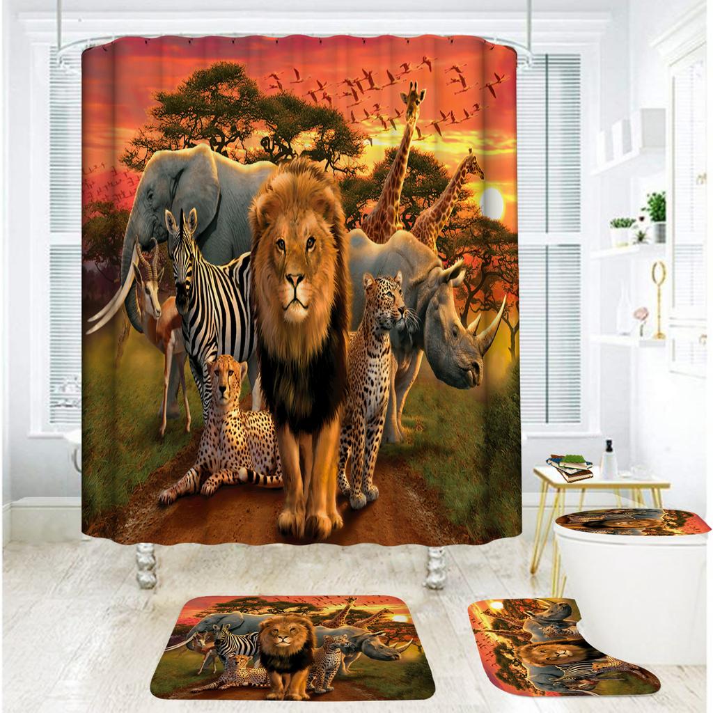 Bathroom Shower Curtain Four-Piece Digital Printing African Animal Waterproof Shower Curtain Shower Curtain Partition Curtain Bath Mat