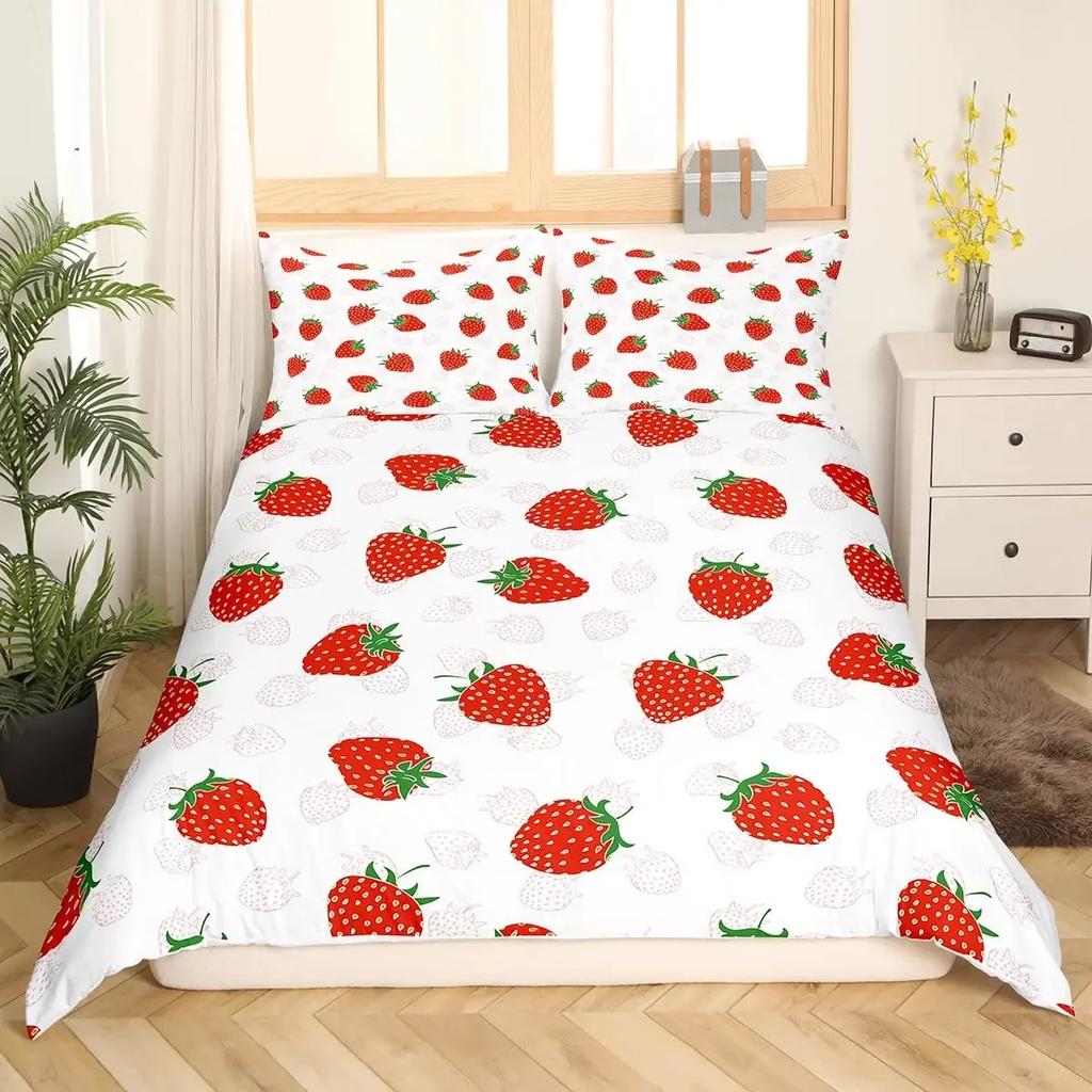 3Pcs Full Size Sweet Strawberry Bedding Set Duvet Cover for Kids Children Teens Comforter Cover Bed Room Decor Pink Quilt Cover