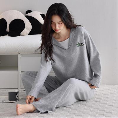 Women’s Pure Cotton Waffle Pajama Set – Long Sleeve & Pants with Cute Cartoon Design for Spring and Autumn. Wear In or Out.