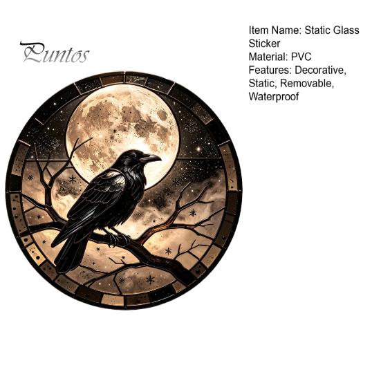 Decorative Window Privacy Film Halloween Raven Moon Static Glass Sticker, Removable Decals, Vintage Dark Retro Crow Decals PVC Waterproof Cling