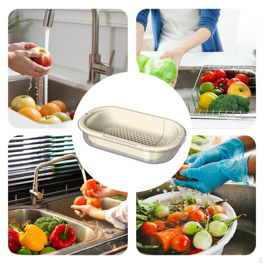 Over The Sink Colander Bowl Set Extendable Strainer Basket Drain Detachable for Mixing