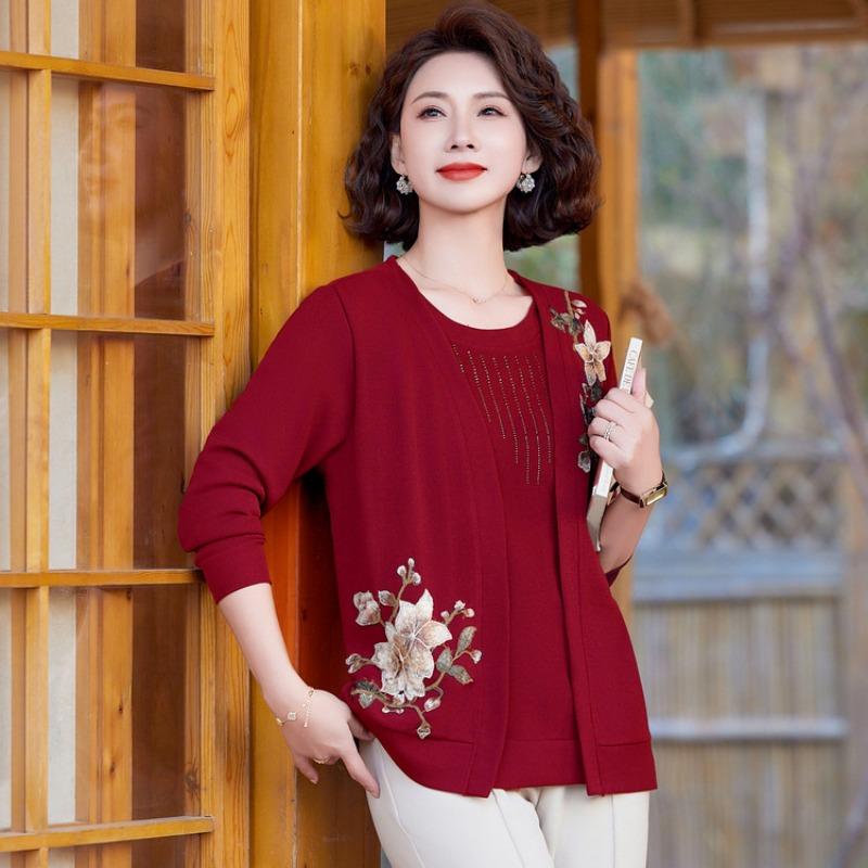 Mid-mother spring top thin fake two-piece knitted cardigan middle-aged and elderly women's spring and autumn embroidered shirt