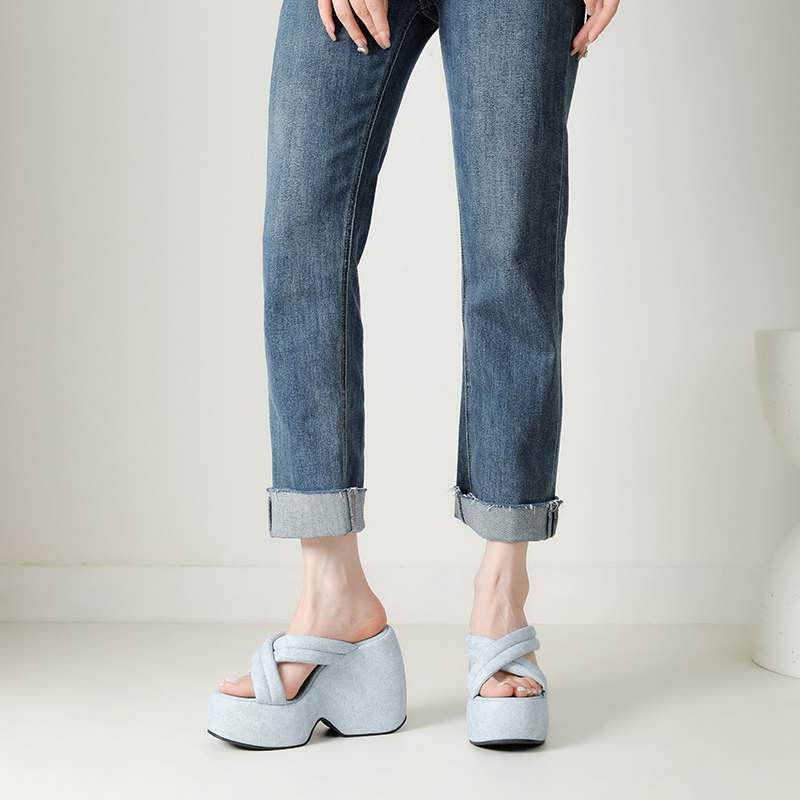 Krazing Pot Mules Polyurethane Summer Size 43 Women Platform Super High Heels Women Peep Toe Slip On Waterproof Sandals