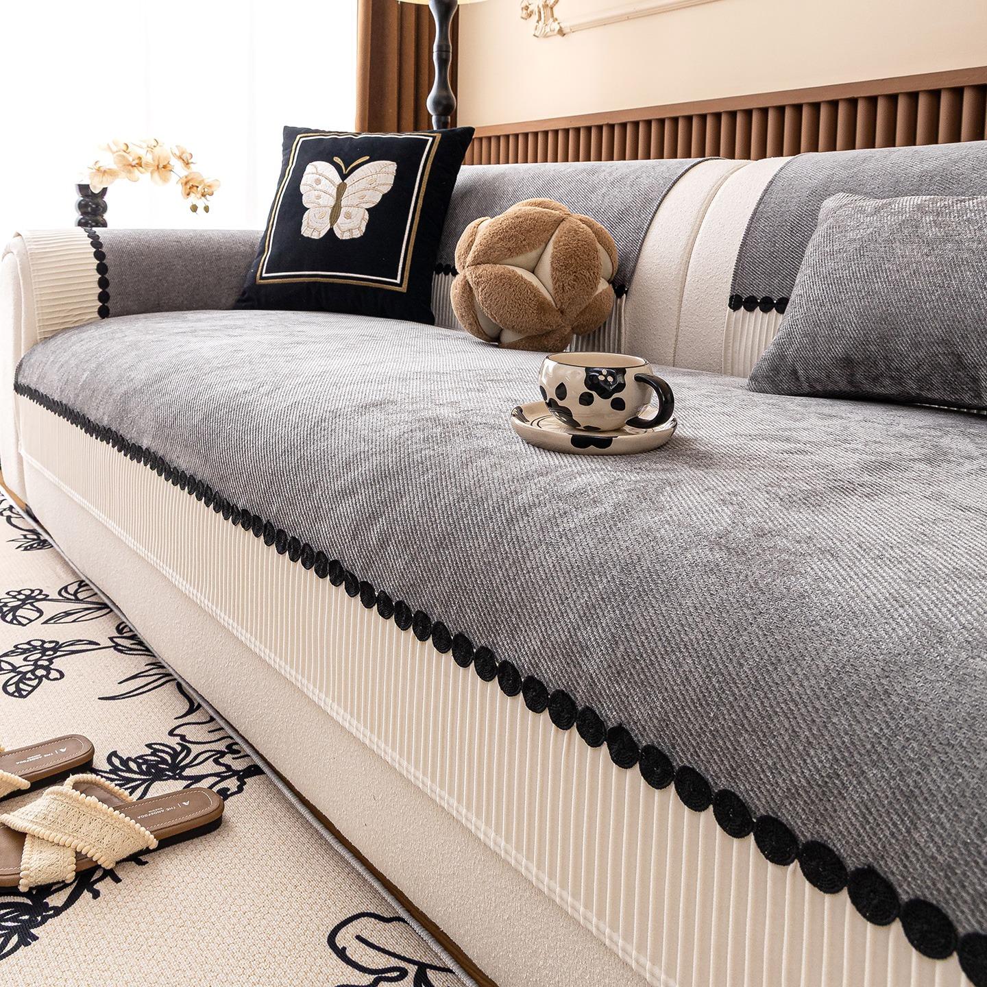 

1pc Textured Twill Chenille Sofa Cover, for Living Room Couch Protector Decor, Anti-Scratch Anti-Slip Contrast Hem Sofa Towel 70x70cm серый