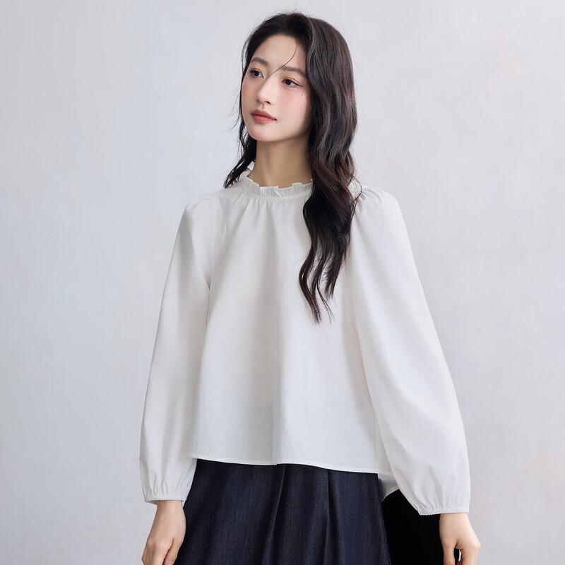 INMAN Women s French Ruffle Collar Puff Sleeve Cotton Blouse L