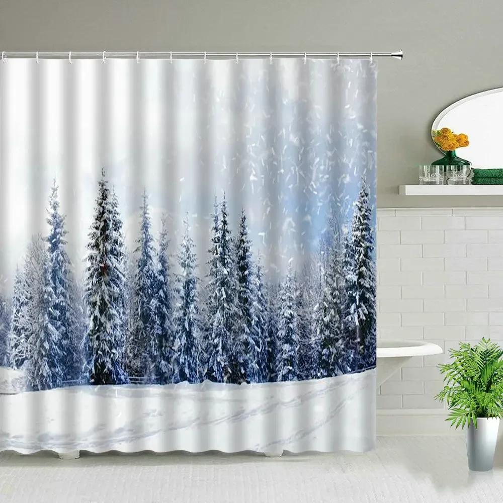 Winter Snow Scene Shower Curtains Trees Natural Scenery 3D Print Waterproof Bathroom Decor Home Bathtub Polyester Curtain Set