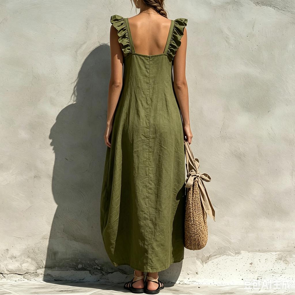 Sleeveless Square Neck Ruffle Strap Maxi Dress Loose Fit Casual Lightweight Summer Dress for Women Beachwear