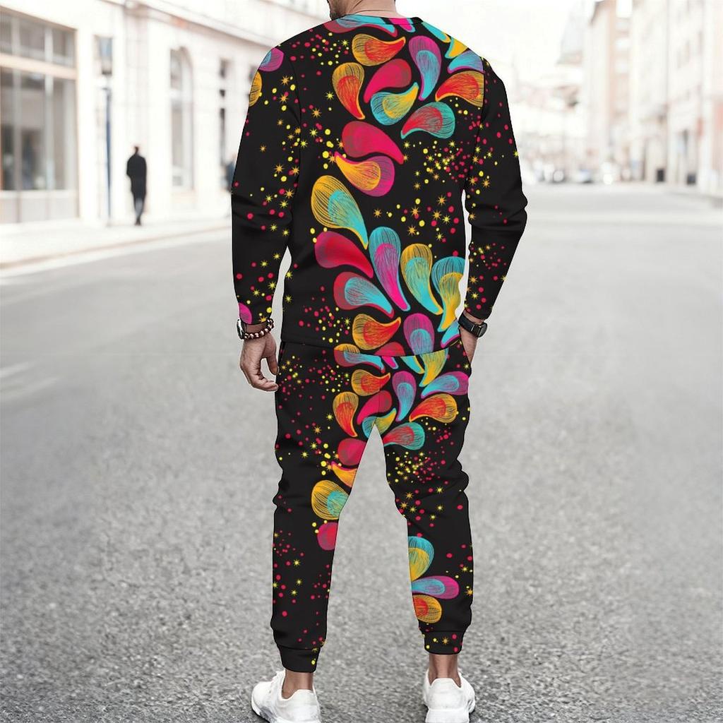 Men Pink Black White Wavy Curve Geometric Print Long Sleeve Sweatshirt Jogger Pants Two Piece Suit