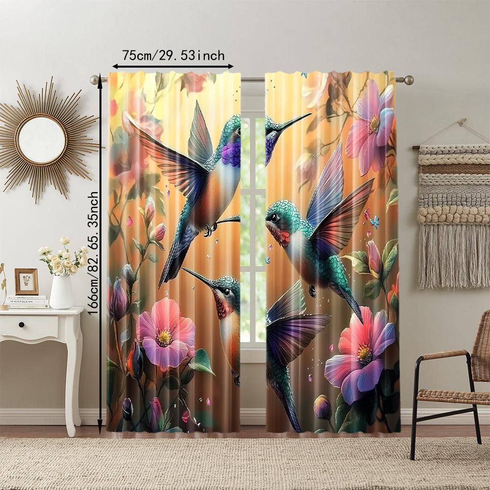 2 Pcs   Versatile Polyester Transparent Curtains for Home Decoration Hummingbird & Floral for Use In Bedrooms and Living Rooms