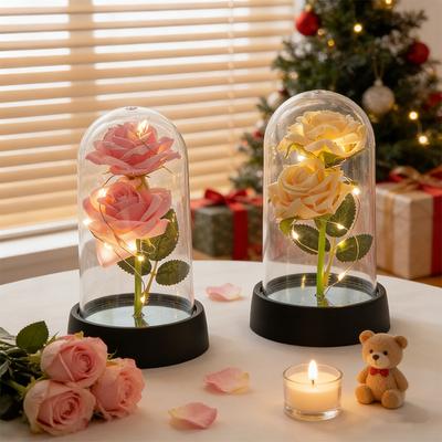 Valentine'S Christmas Day Gifts Eternal Rose Flowers In Glass Cover Simulation Rose Flower Desktop Ornament For Girlfriends