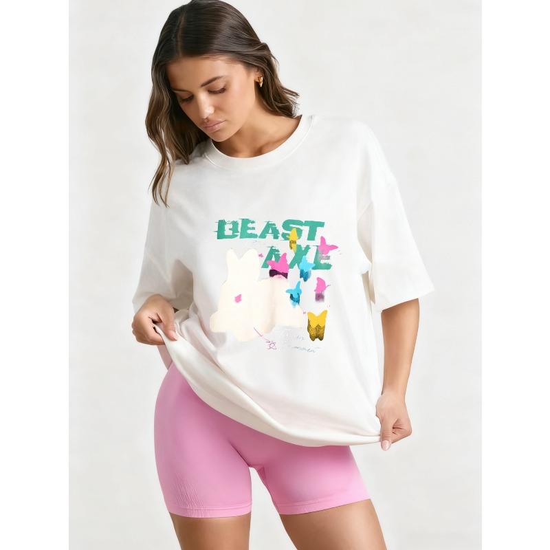 Oversized T Shirt Black Beast Axe Graphic Print With Bunny And Butterflies Design For Casual Wear