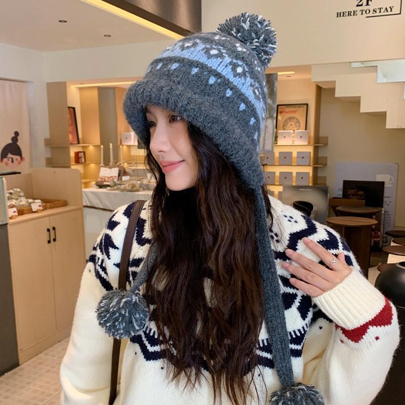 Fair Isle Style Knit Cap For Women Autumn And Winter Warmth Wind Resistance With Earmuffs серый