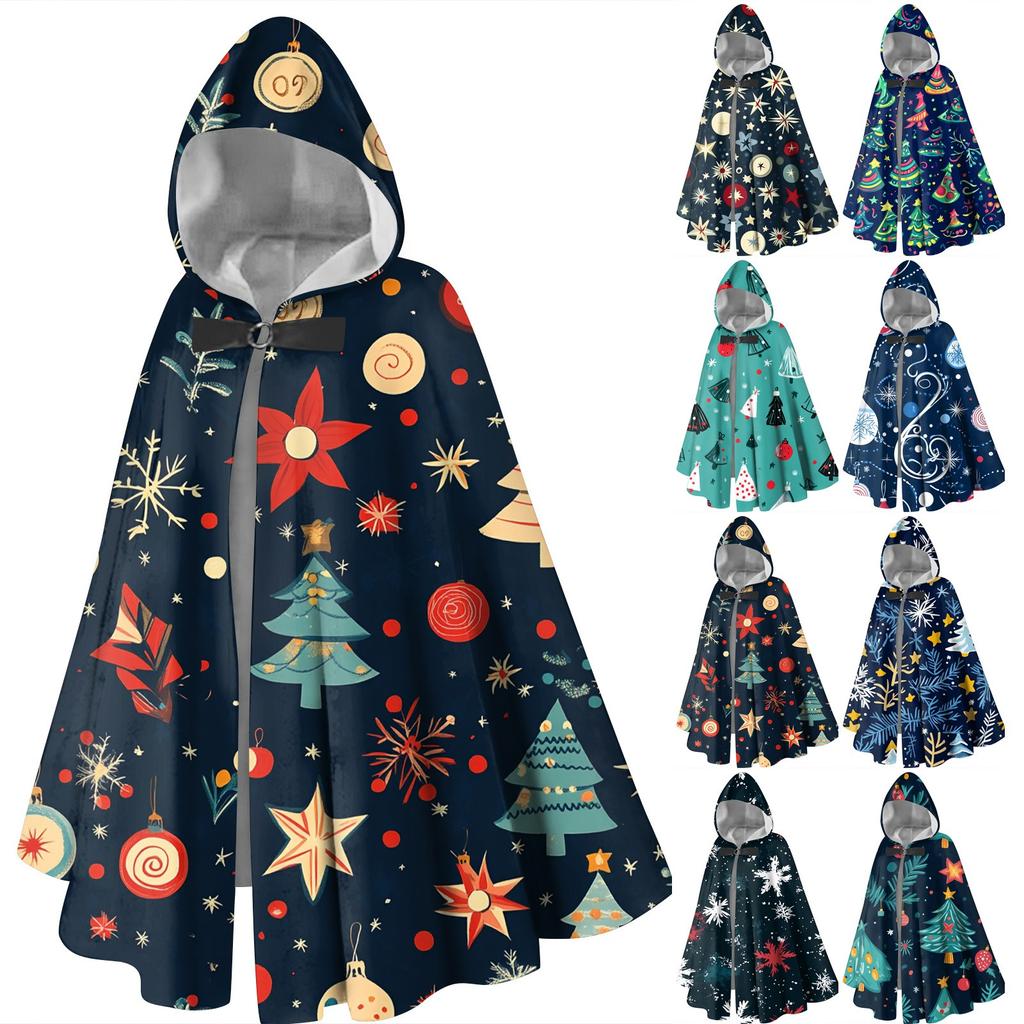Vánoční potisk - unisex retro vertikální pelerína dlouhá pelerína s kapucí