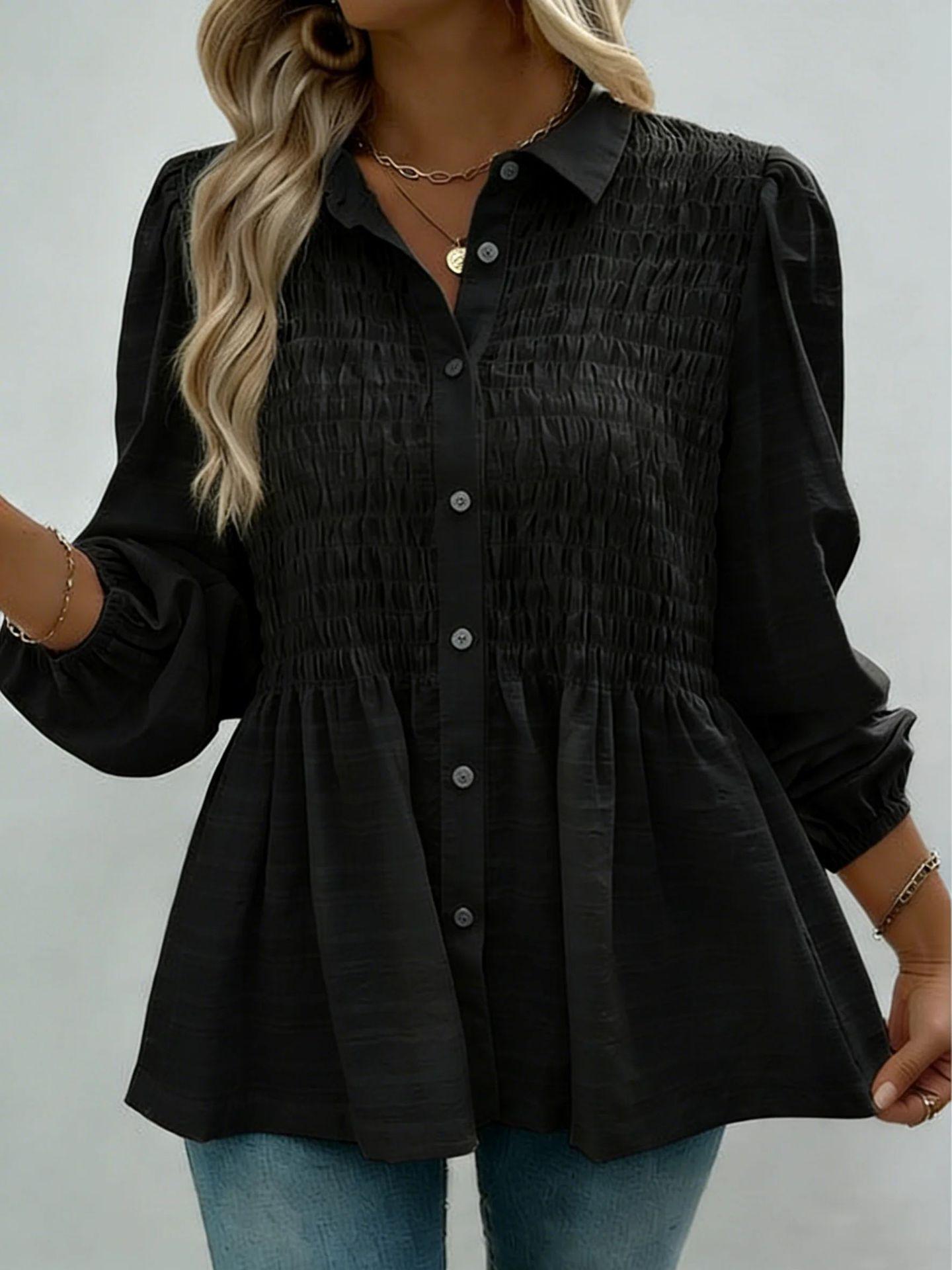 

Spring/Summer 2026 Women s Solid Color Ruffled Long Sleeve Casual Fashion Shirt L чорний
