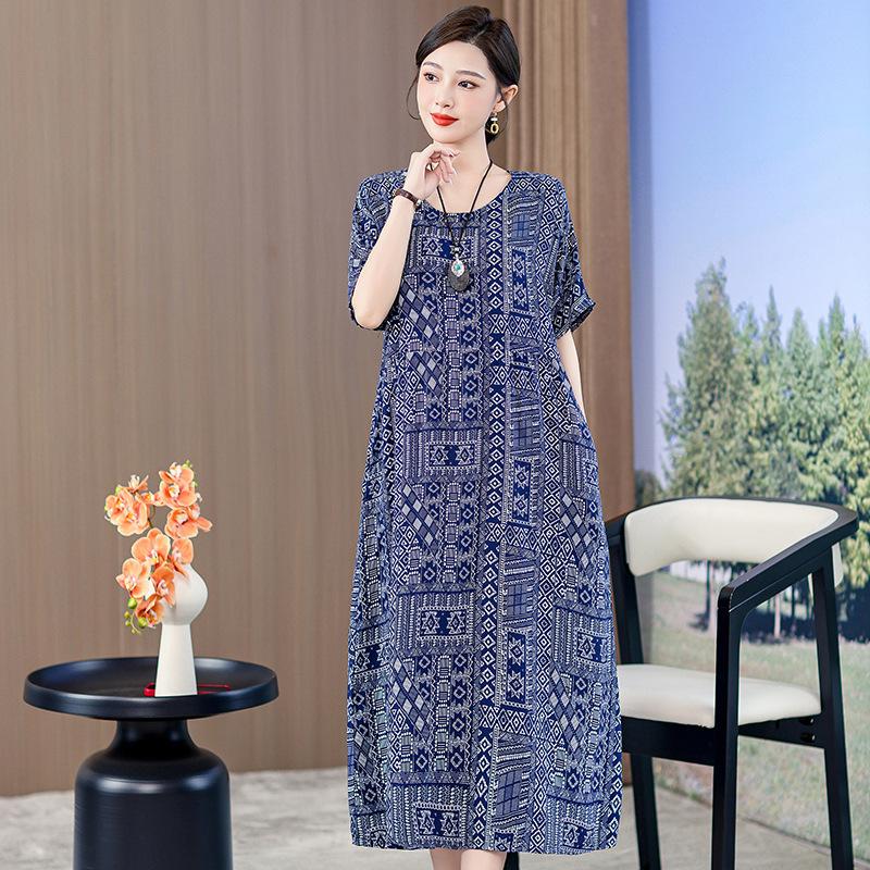 Summer mother cotton and silk over the knee skirt loose large size fat man dress thin middle-aged man wearing long dress
