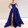Satin evening dress tube top high fork ball dress a-shaped cut big skirt slim