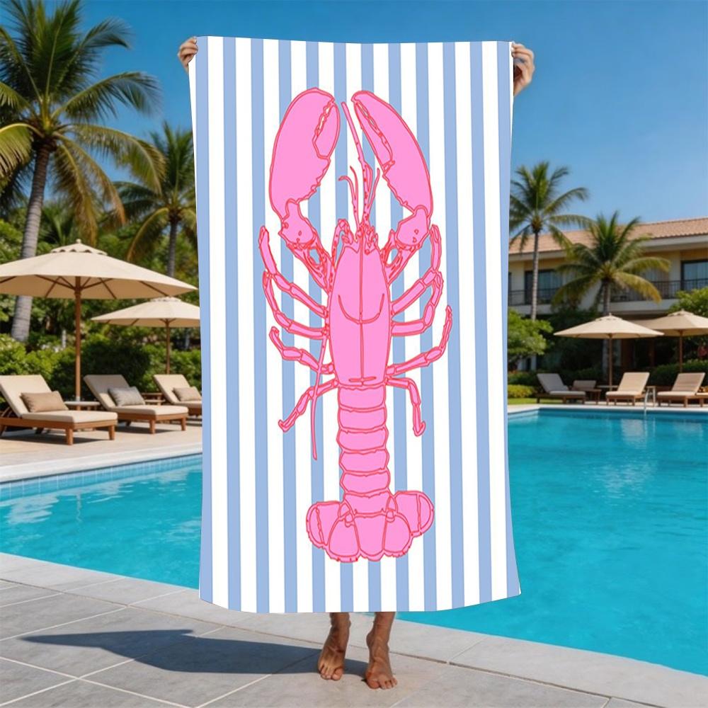 Pink Lobster Beach Towel - Striped Microfiber Bath Sheet with Vibrant Crustacean Print for Pool Party & Summer Vacation