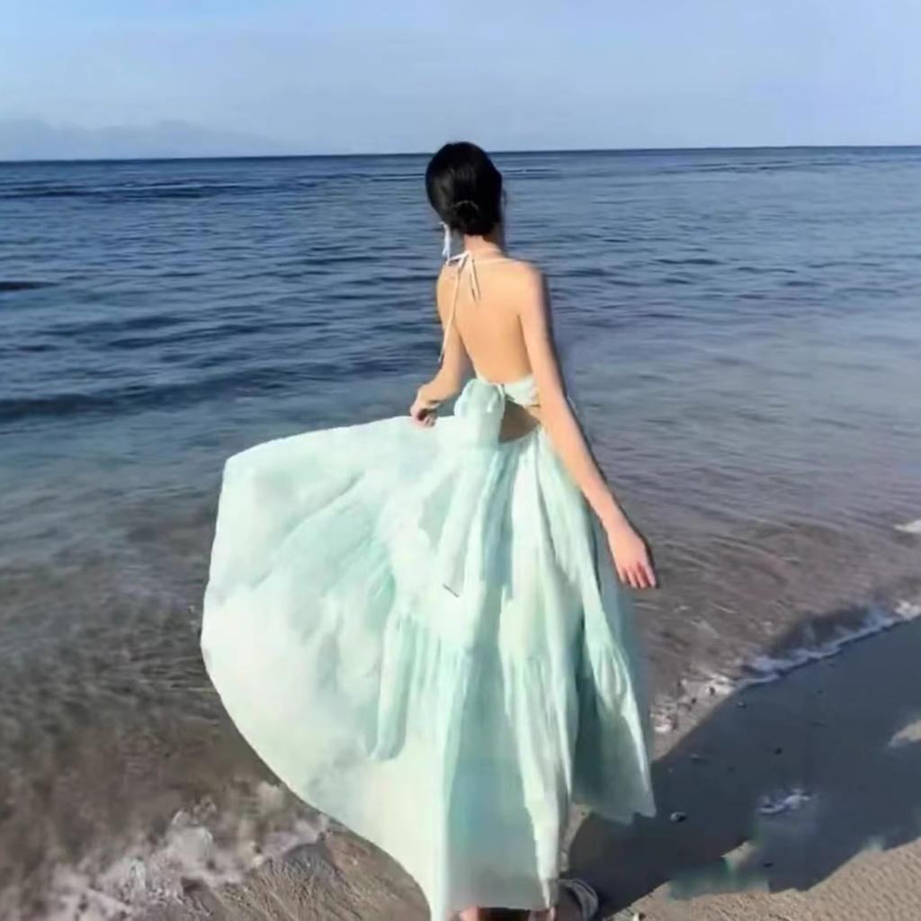 Mint Mambo Seaside Resort Atmosphere Beach Dress Design Sense Neck Dress Fairy Temperament Swing Skirt