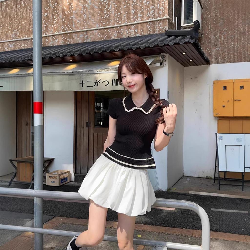 Korean contrasting color doll collar small fragrant style short-sleeved T-shirt women's summer high-end temperament slim and thin versatile top