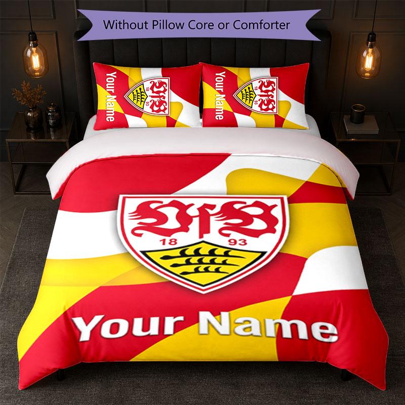VfB Stuttgart FC Custom Name Text Bedding Set 1 Duvet Cover+2 Pillowcases Soccer Logo Personalized Gift For Special Occasion Bedroom Decor