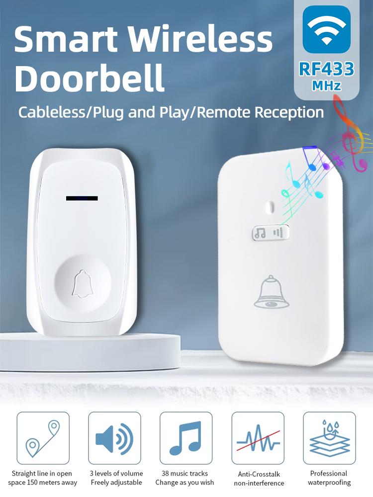 Wireless RF 433MHz Doorbell Kit Battery Operated EU/US Long Distance 100M Door Bell with Multiple Ringtones for Home Hospital Elderly Assistance
