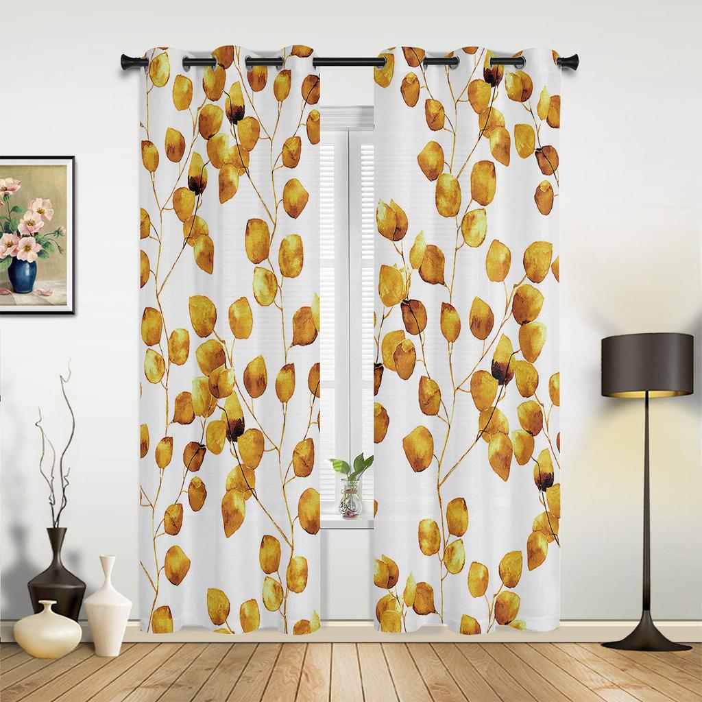 Yellow Watercolor Leaf Window Curtains for Living Room Bedroom Luxury Modern Kitchen Curtains Fabric Drapes
