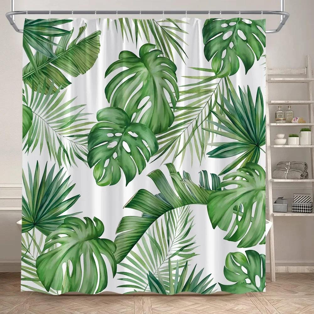 Leaves Shower Curtain Green PTropical alm Leaf Monstera Plant Bath Curtains Set Polyester Fabric Home Bathroom Decor with Hooks