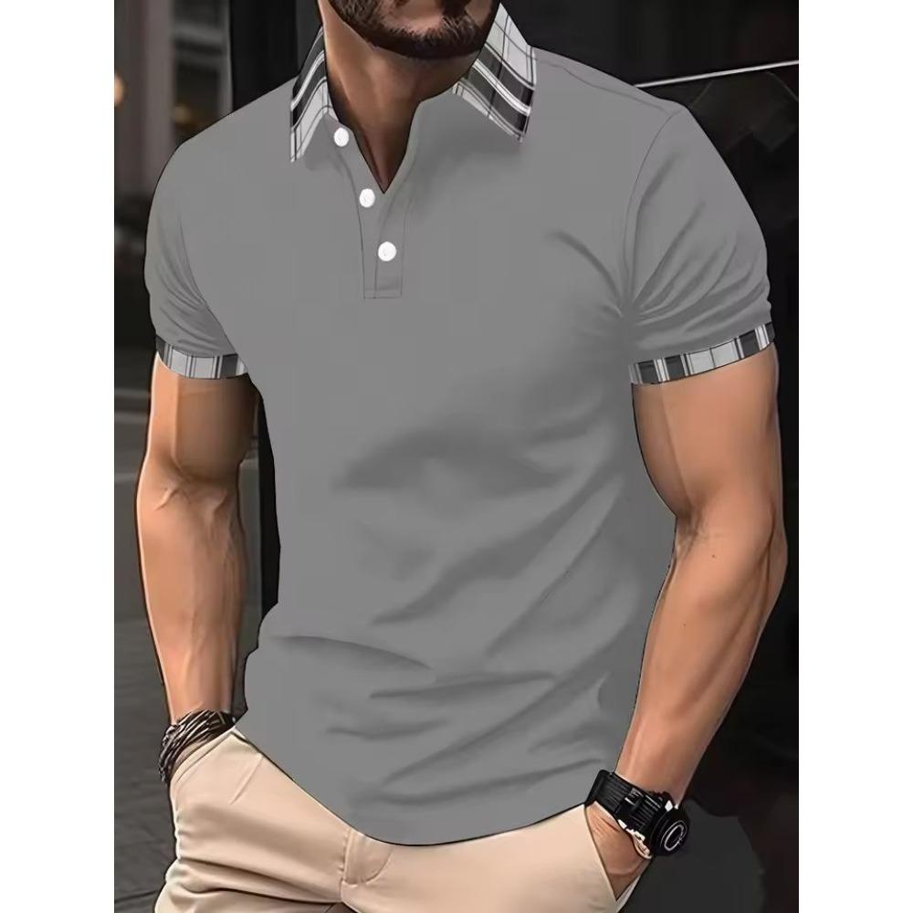 

Summer New Men Clothes Short Sleeve Fashion Pure Color Stand Collar Polo Shirt 3XL сірий