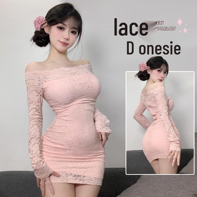 

DomiLa Sexy Off-Shoulder Lace Bodycon Dress Pink Lace Dress
