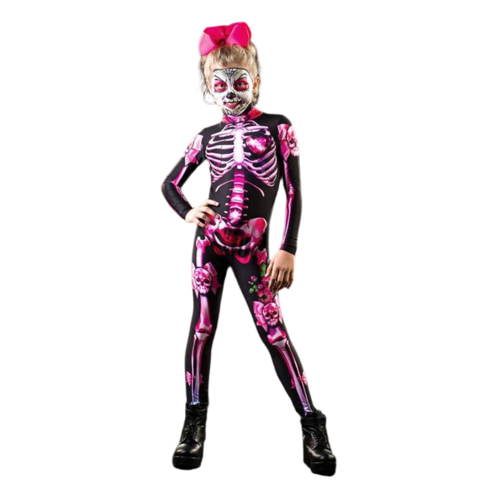 

Хэллоуинский комбинезон с принтом черепов и костей, костюм для родителей и детей 150 розовый