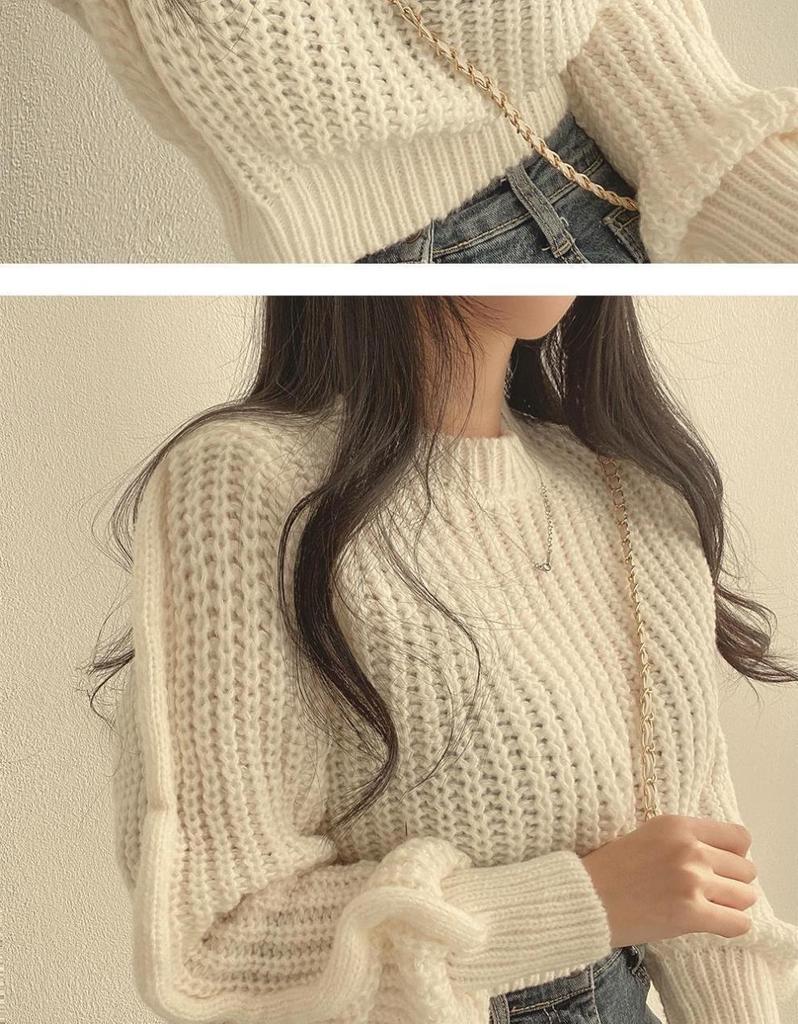 Korean Style Round Neck Petite Knit Sweater for Women - Waist-Cinching, Versatile Pullover