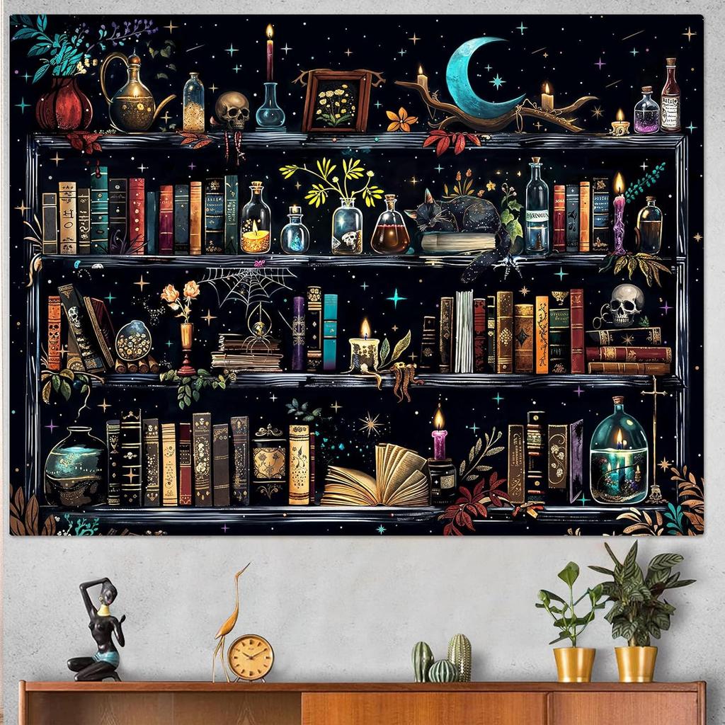 Forest Library Tapestry Tree Bookshelf Tapestries Wall Hanging Vintage Fantasy Fairy Treehouse Book Large Tapestry for Bedroom