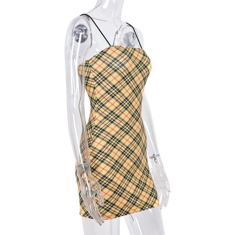 

Клетчатый летний камзольный сарафан в клетку, летний сарафан на бретелях, с открытыми плечами, юбка по бедрам Yellow L