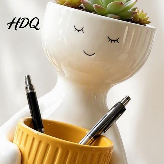 Cute Zen Home Decor Smiling Face Plant Pot, Double Planting Space Planter, Resin Layered Landscaping Planter Sitting Figure Flowerpot for Succulents,
