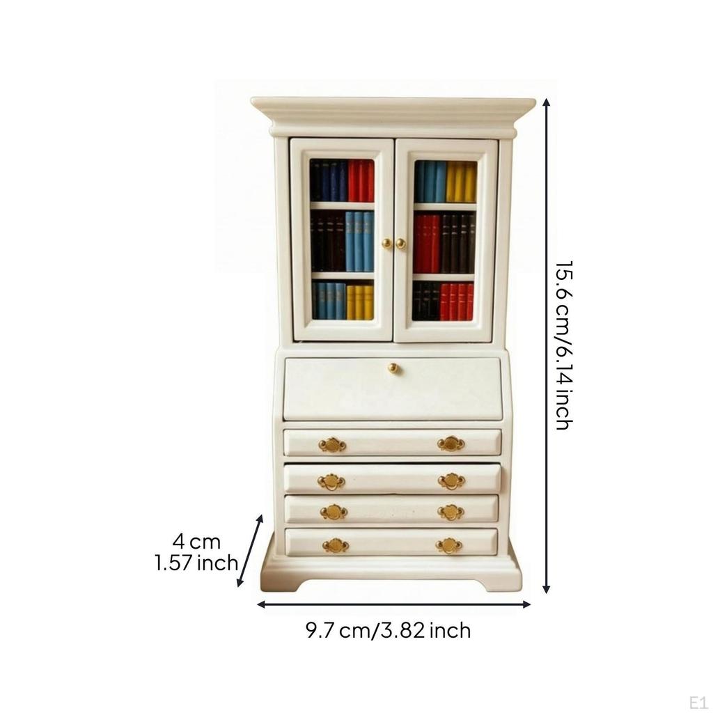 Miniature Bookcase Cabinet Openable Doors and Drawers 1:12 Scale White Painted Wooden