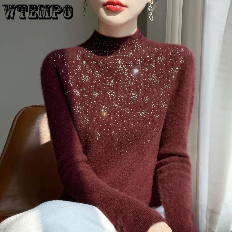 Schwerer Strass-Pullover für Damen, dick, Winter, Slim Fit, innen gestrickter Basis-Pullover-Top